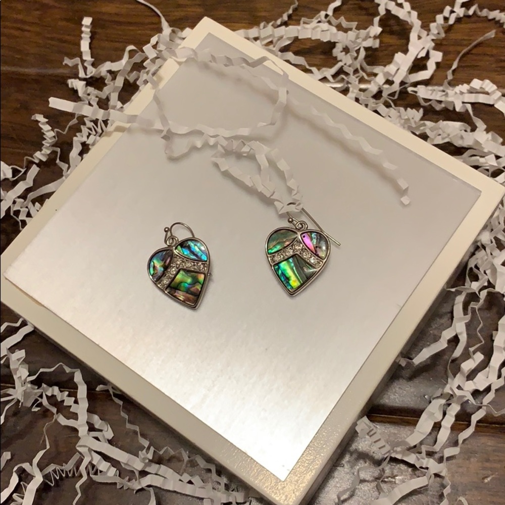 Heart abalone & CZ Dangle Earrings NWOT